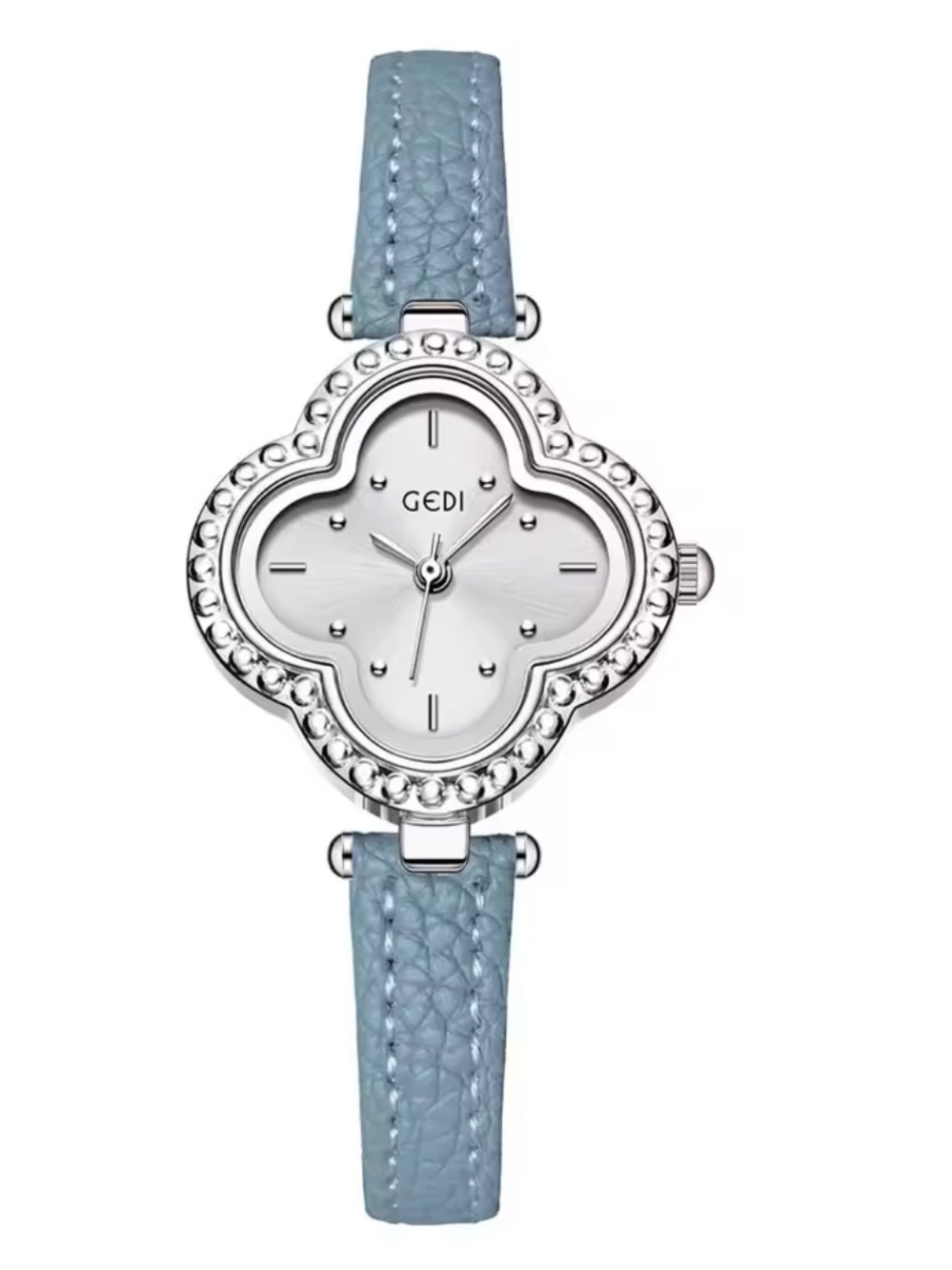 GEDI Silver Clover Watch with Light Blue Leather Strap